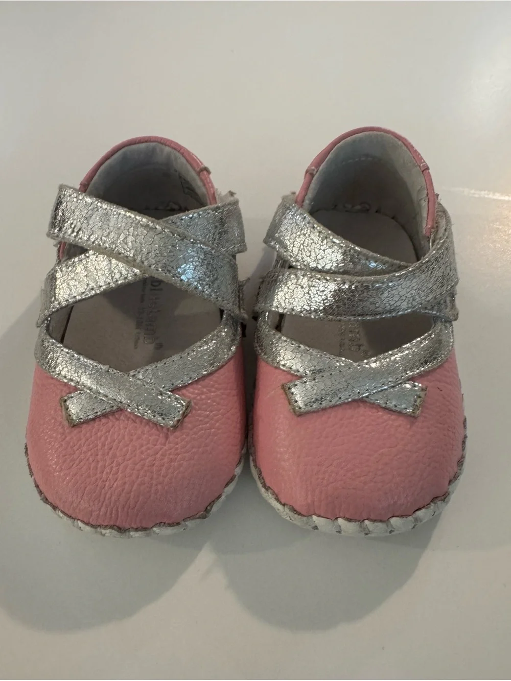Pink Baby Mary Jane Walkers with Silver Crisscross Straps